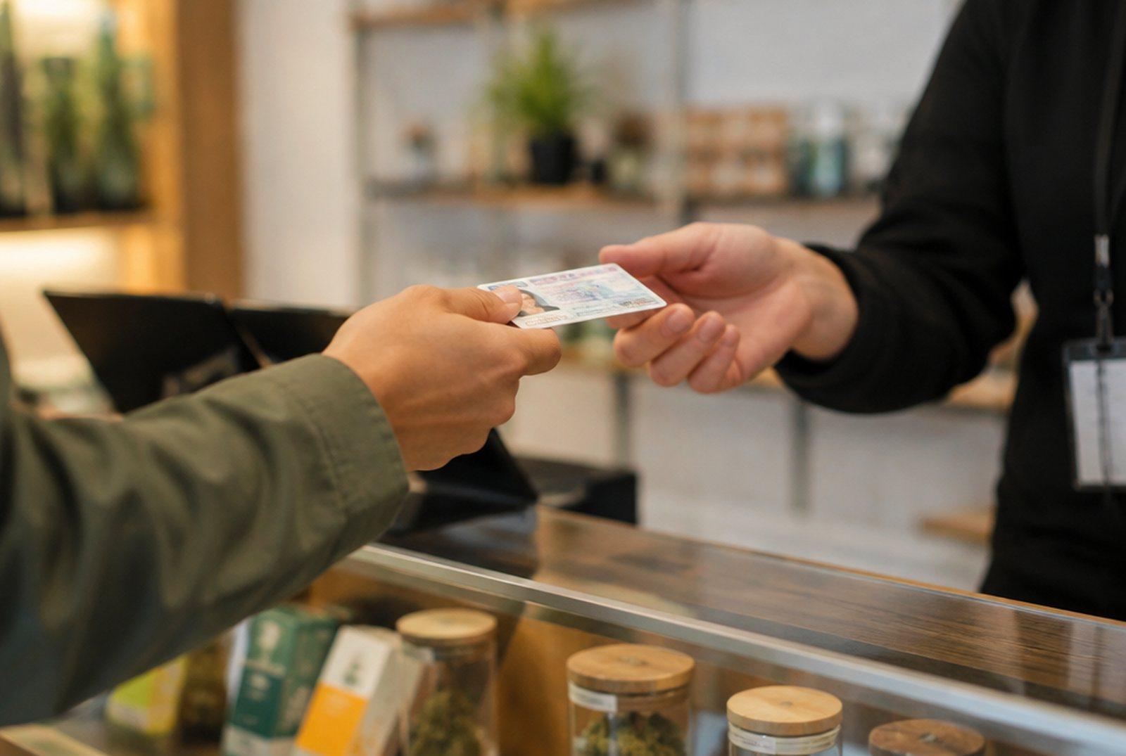 Customer handing a photo ID to dispensary staff for an age check