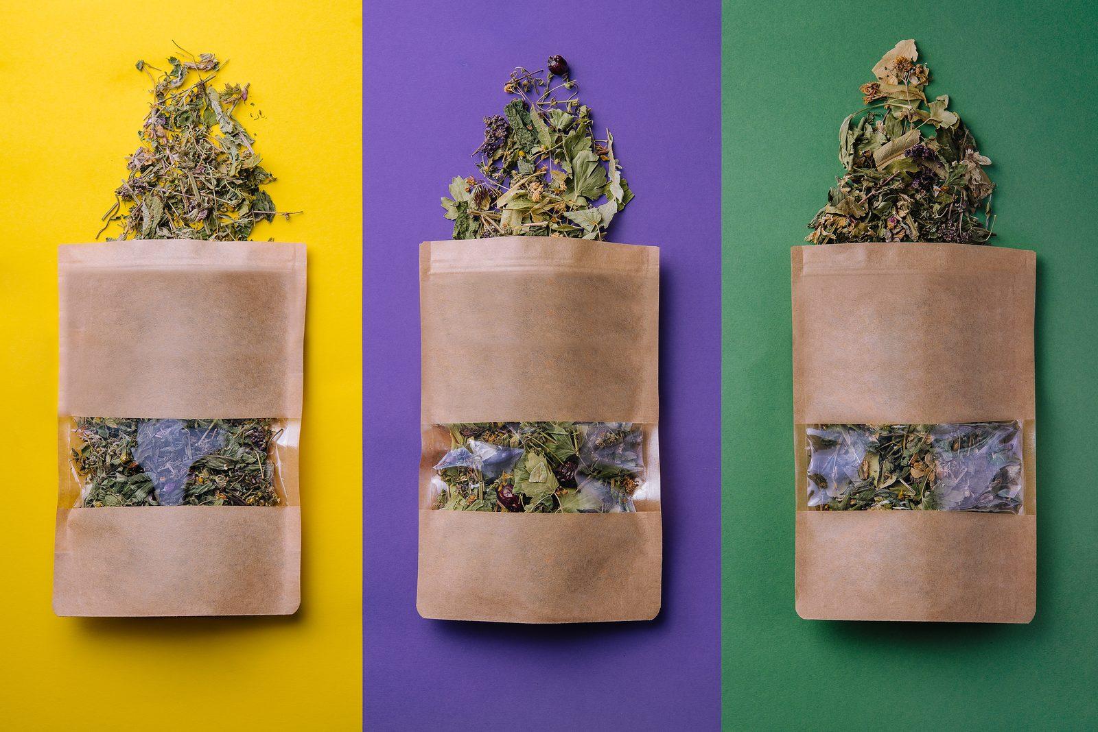 Herbal tea blends in pouches on bright backgrounds