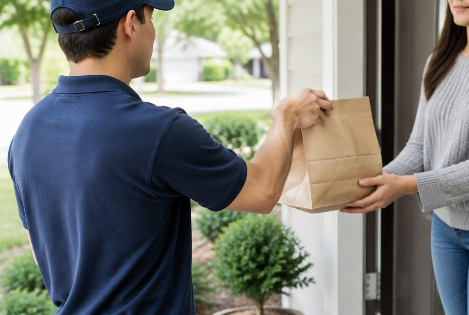 Delivery driver handing a sealed bag to a customer at the door